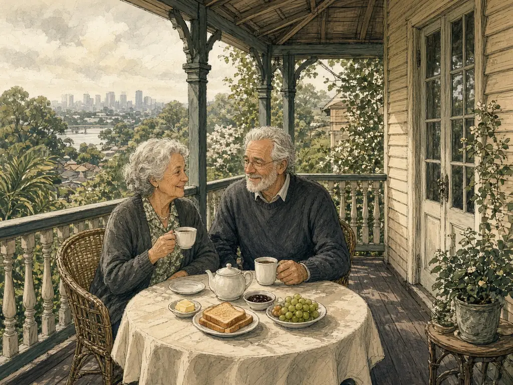 An older couple sharing breakfast on the verandah of a Queenslander
