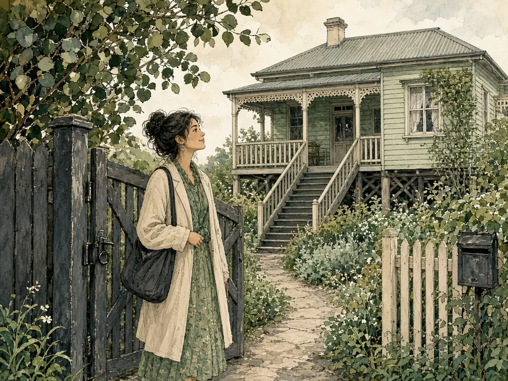 Illustration of a young woman at the gate of a Queenslander cottage